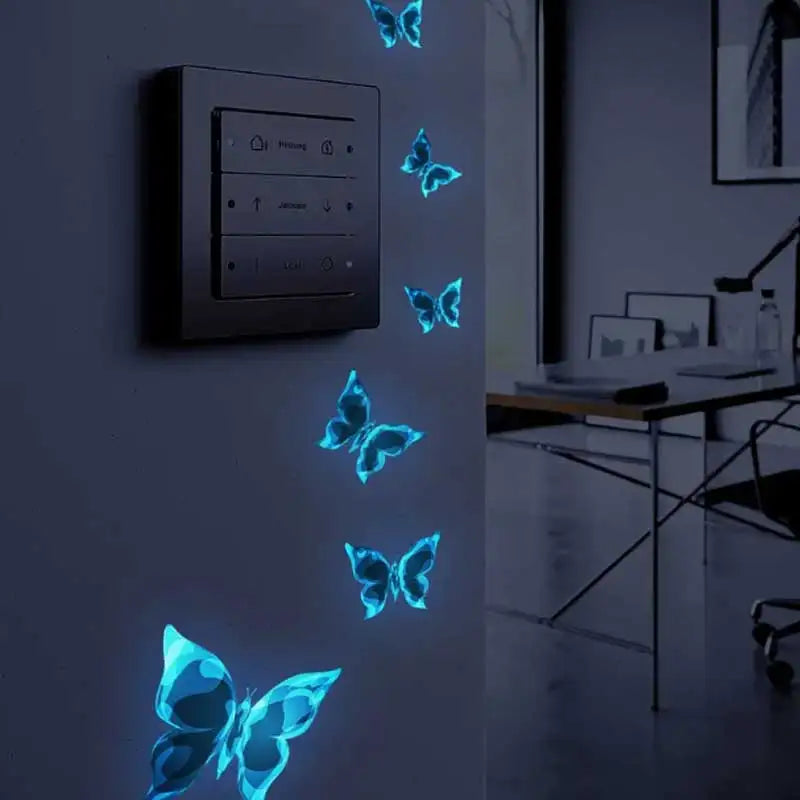 Autocollants papillons lumineux bleus pour interrupteurs - Vue d'ensemble des 6 pièces