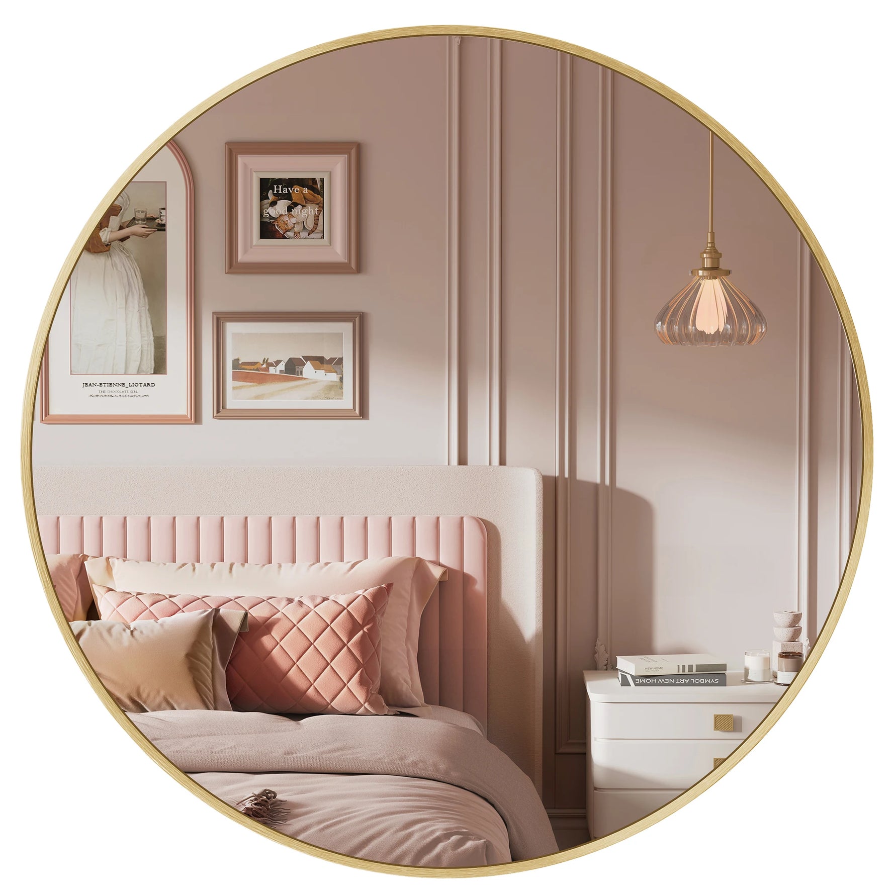 Miroir rond doré 61 cm sur mur blanc