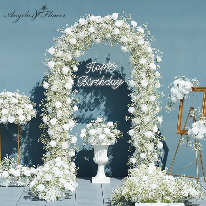 Chemin de table floral 5D roses blanches gypsophile