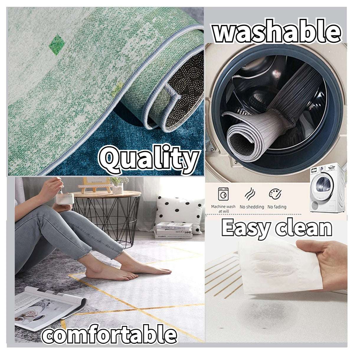 Cet ensemble d'images promotionnelles met en avant les qualités d'un produit textile de haute qualité, facile à entretenir et confortable à porter. Les illustrations présentent différents éléments clés, tels que la capacité de lavage en machine, l'absence de décoloration et de peluche, ainsi que le confort d'utilisation.