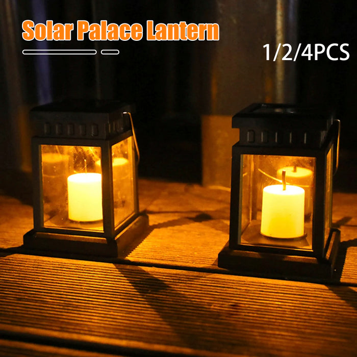 Lanterne solaire bougie noire suspendue dans un jardin