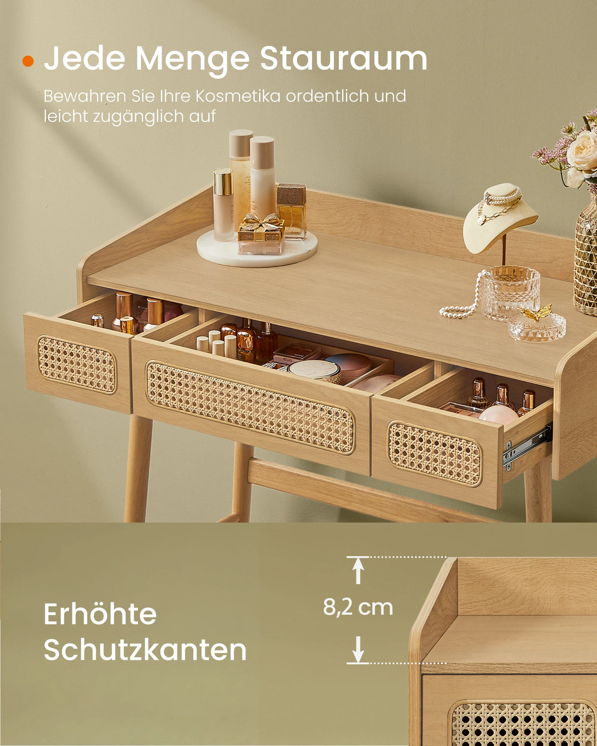 Détail des bords relevés de la table de maquillage