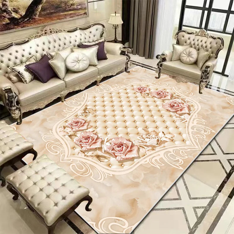 Superbe décor d'intérieur avec un tapis orné de motifs floraux élégants, des meubles de style vintage et des touches de couleurs contrastées qui créent une atmosphère chaleureuse et raffinée.