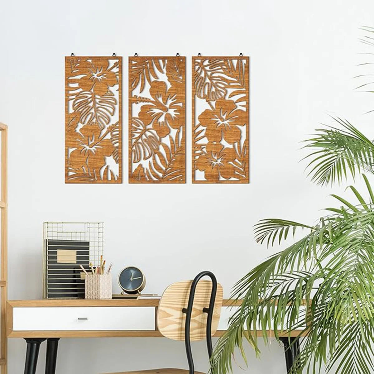 Art mural minimaliste palmier bois ensemble 3 pièces