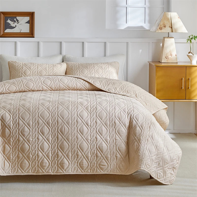Couvre-lit matelassé beige gris avec taies d'oreiller