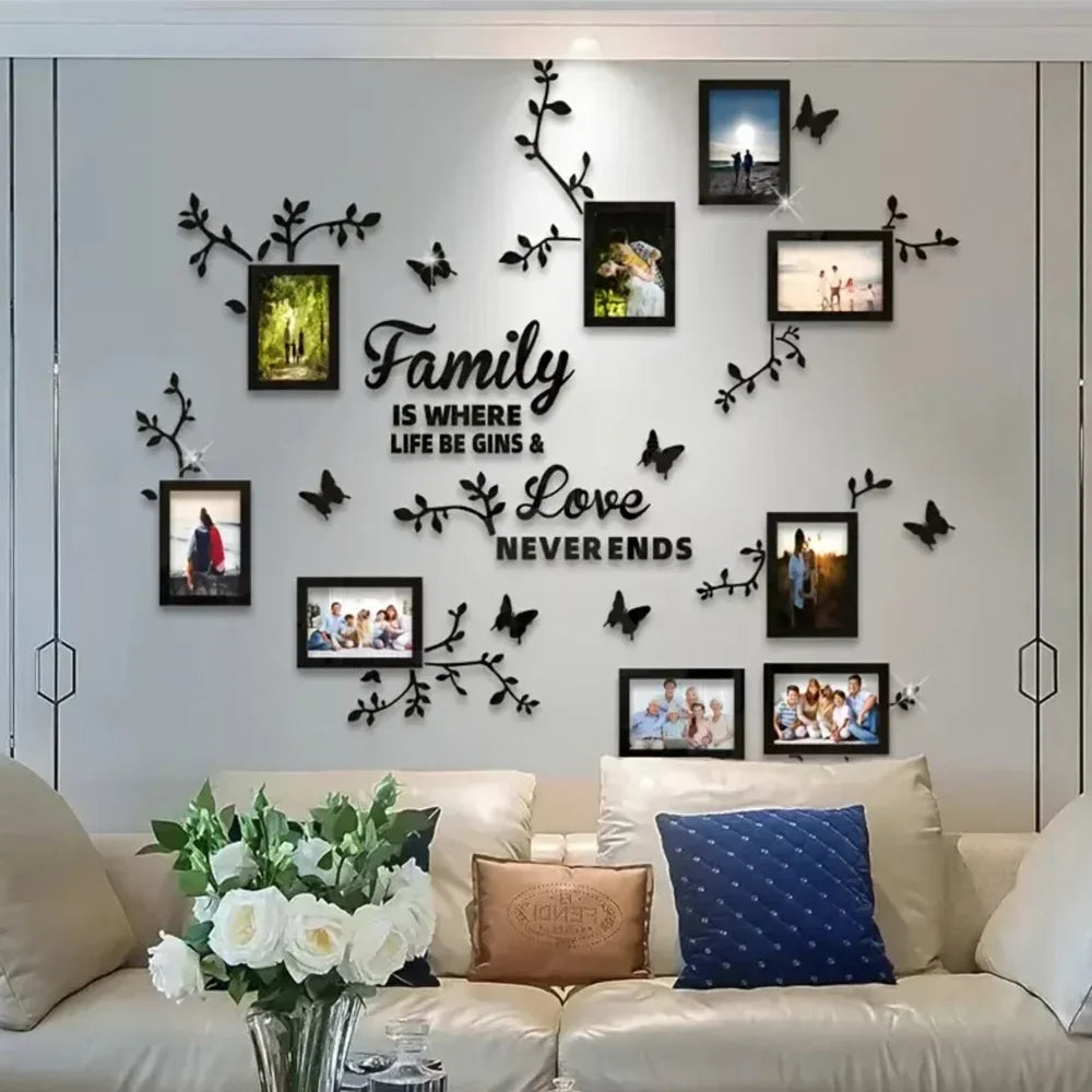 Sticker mural cadre photo arbre 3D miroir acrylique beige