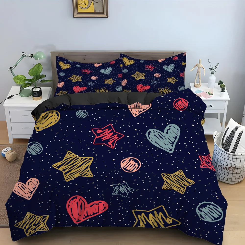 Parure de lit cœur multicolore dans une chambre décorée