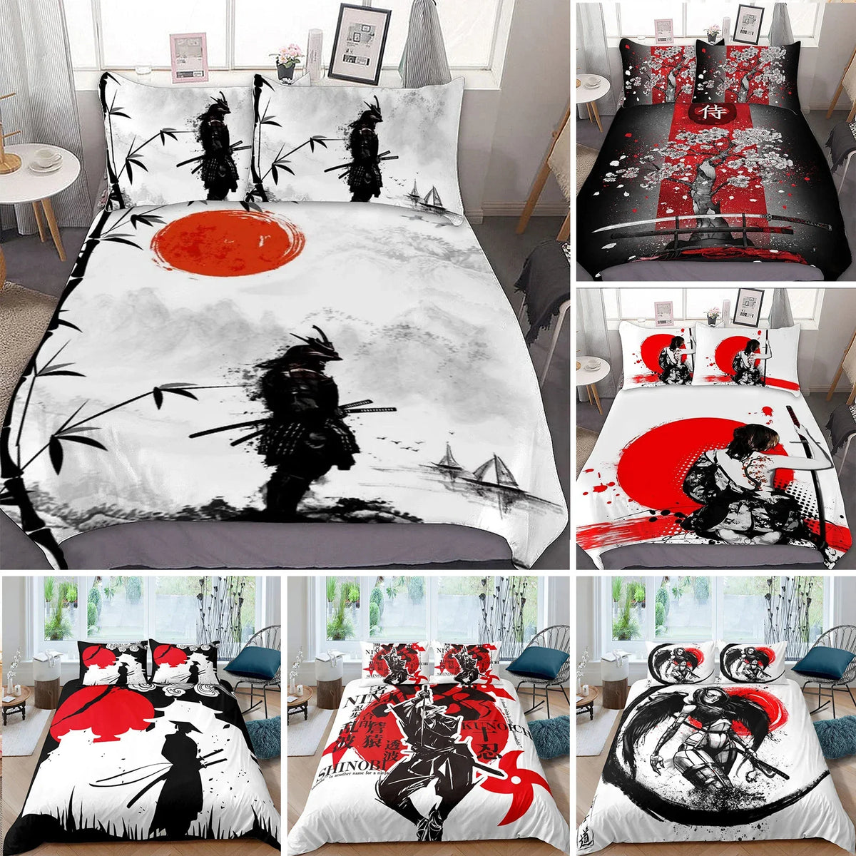 Housse de couette samouraï japonais homme noir rouge