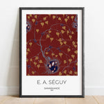 Cette œuvre murale de E.A. Seguy intitulée "Samarkande" présente un motif abstrait et ornemental aux couleurs chaudes de rouge et d'or, avec des éléments floraux stylisés et des formes géométriques.