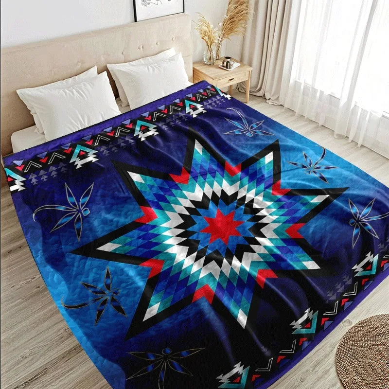 Couvre-lit amérindien en flanelle noir et turquoise