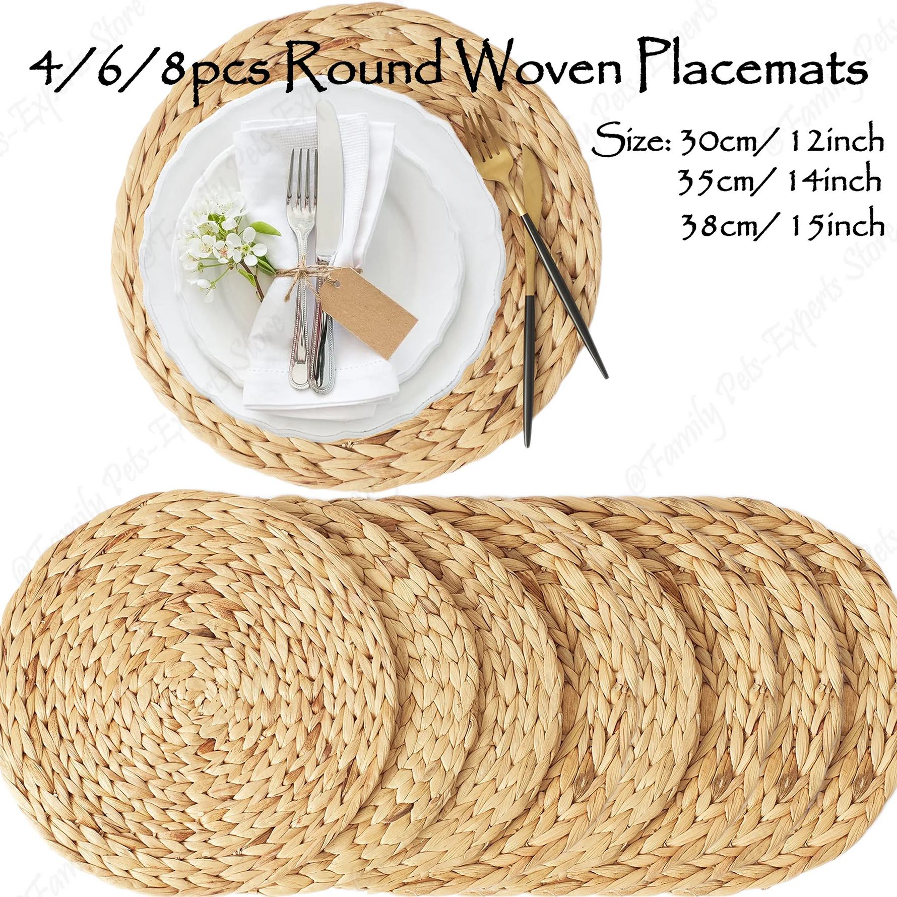 Set de table rond en jacinthe d'eau naturel sur une table en bois