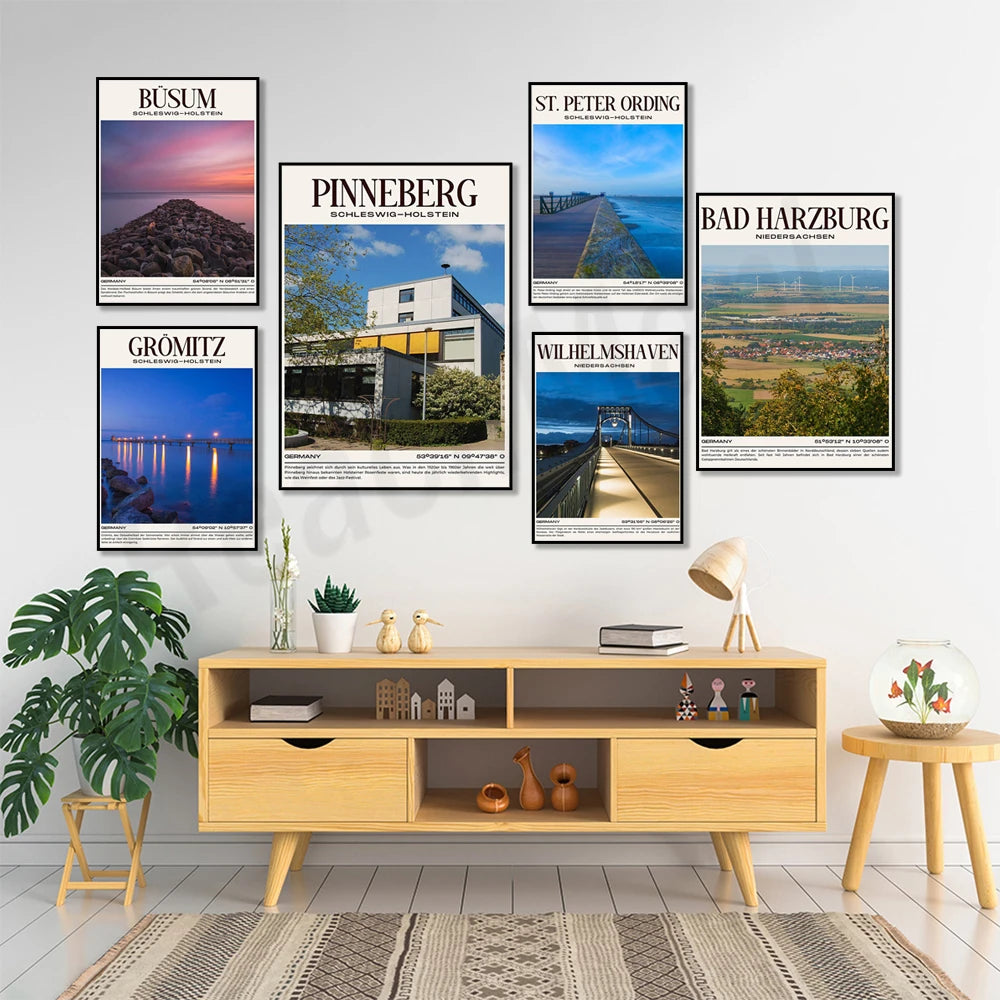 Affiches murales vintage mettant en valeur diverses destinations allemandes avec leurs paysages pittoresques et leurs monuments emblématiques.