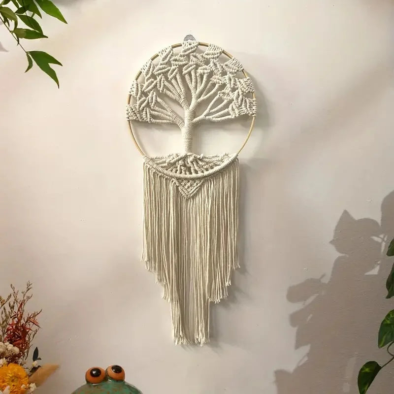Tenture murale macramé arbre de vie beige décoration boho