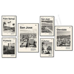 Cette série d'affiches promotionnelles met en valeur différentes villes de Californie, telles que Palm Springs, San Jose, San Juan, Fullerton et Glendale, offrant une représentation visuelle de leur paysage urbain et architectural.