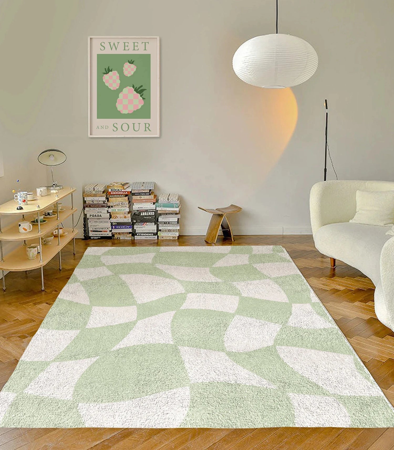 Tapis à carreaux vert sauge bohème dans un salon moderne