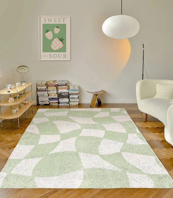Tapis à carreaux vert sauge bohème dans un salon moderne
