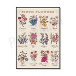 Affiche des fleurs représentant les fleurs de naissance pour chaque mois de l'année, avec des illustrations colorées et détaillées accompagnées de leurs noms.