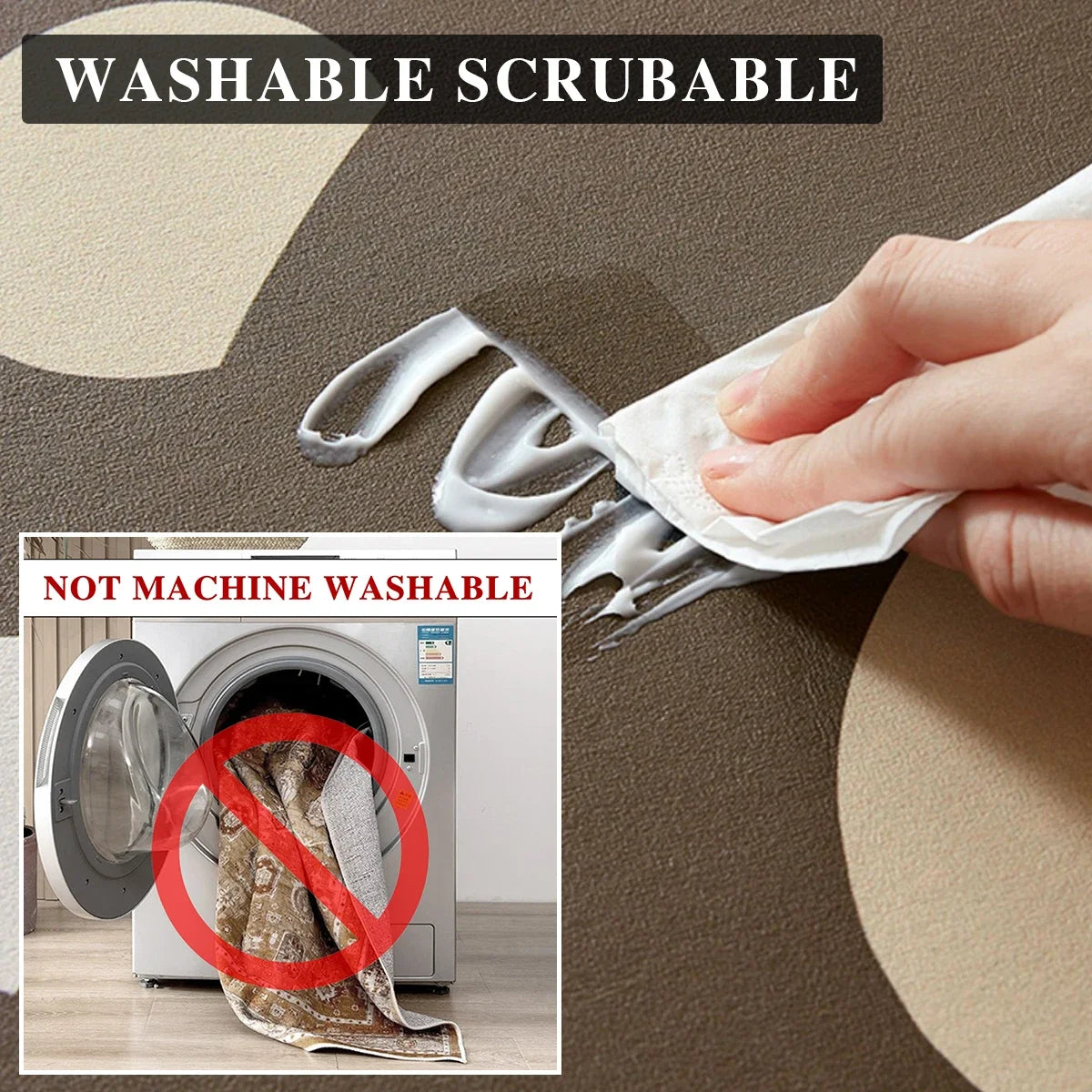 Une personne essuie une chaussure sale à la main, indiquant que cette chaussure en particulier peut être lavée manuellement, contrairement à la machine à laver indiquée comme "Non lavable en machine" dans l'image.
