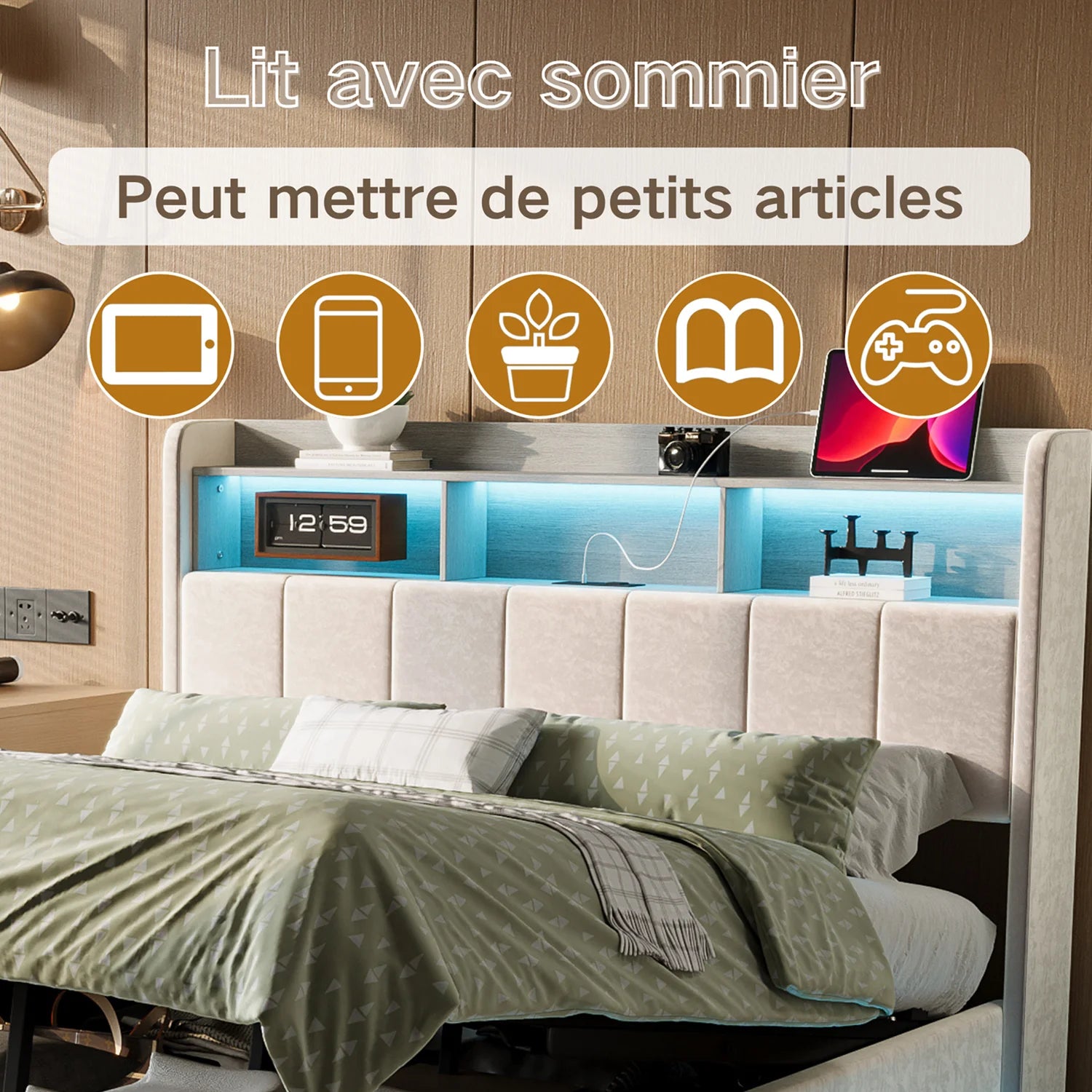 Éclairage LED RGB personnalisable du lit coffre en ambiance tamisée
