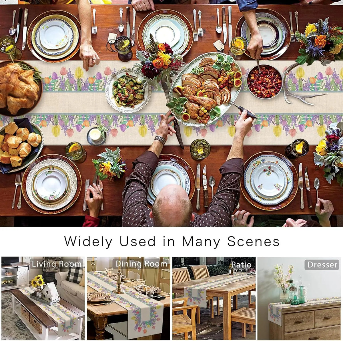 Une scène de table festive joliment décorée avec une variété de plats et d'accessoires.