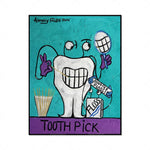 Illustration humoristique représentant une dent de caractère souriant tenant un floss et entouré d'accessoires de dentisterie, créée par l'artiste Anthony Falbo en 2014.