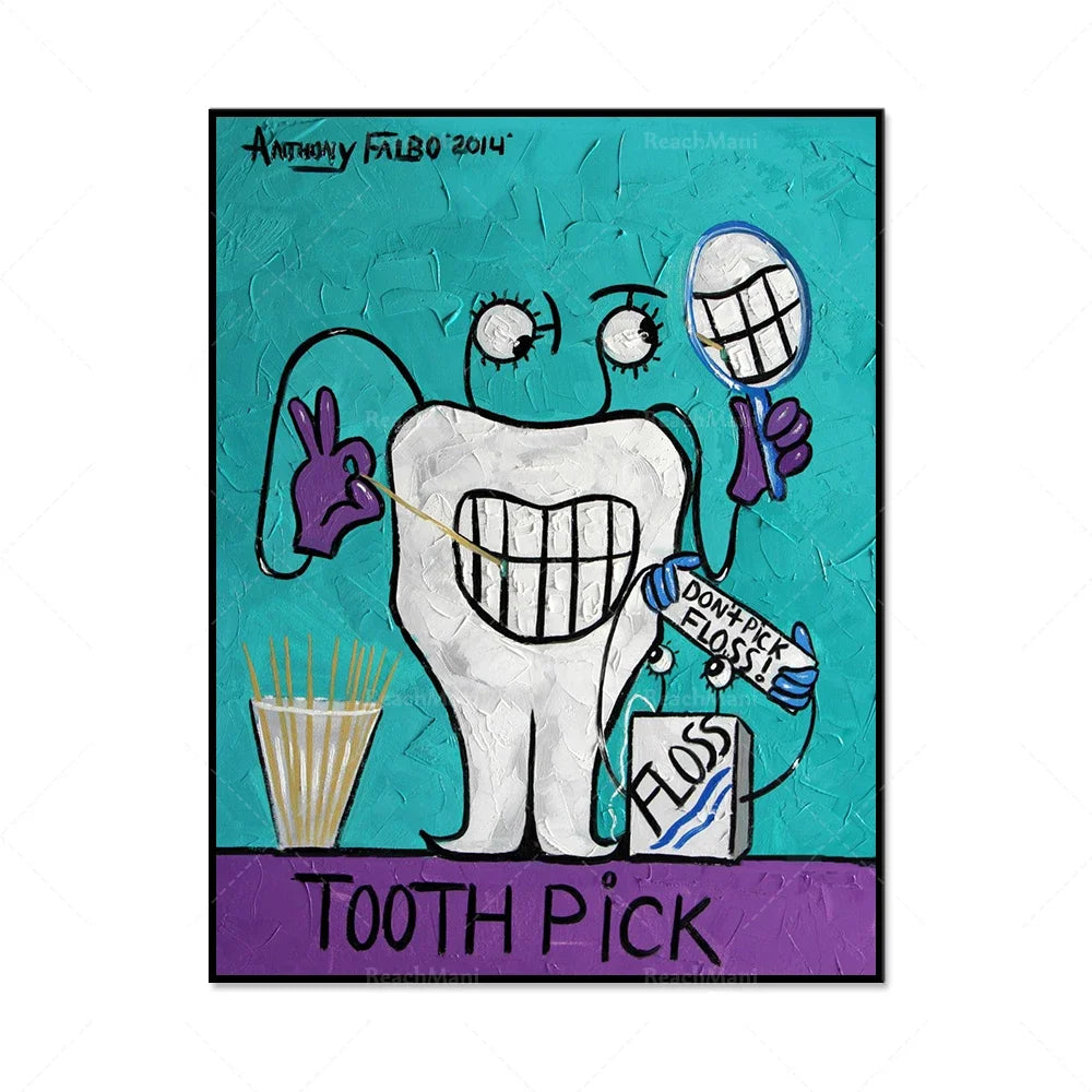Illustration humoristique représentant une dent de caractère souriant tenant un floss et entouré d'accessoires de dentisterie, créée par l'artiste Anthony Falbo en 2014.