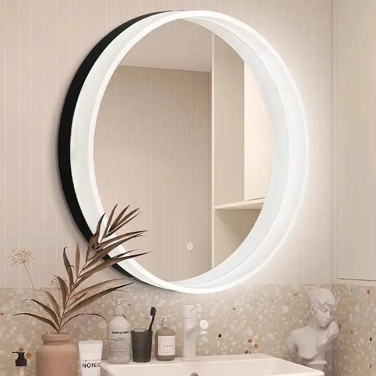 Miroir rond bois massif avec étagère argent