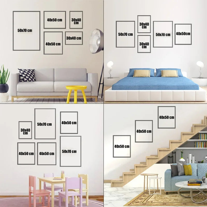 Cette image présente des suggestions de dimensions et de positionnement pour des cadres décoratifs dans différentes pièces d'une maison, comme le salon, la chambre à coucher et l'espace de jeu pour enfants.