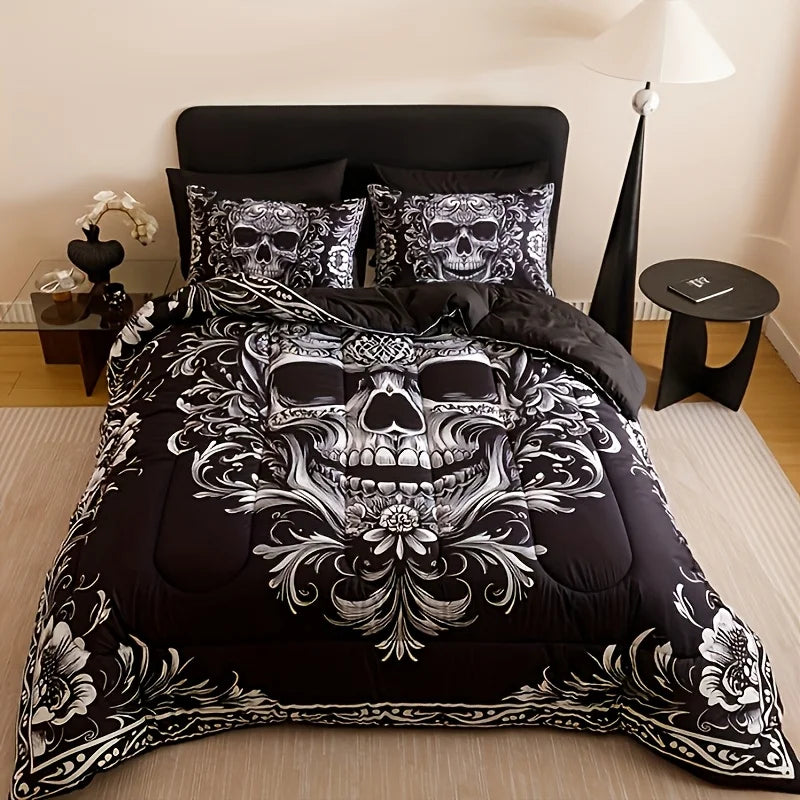 Housse de couette noire et blanche motif crâne victorien baroque gothique sur lit