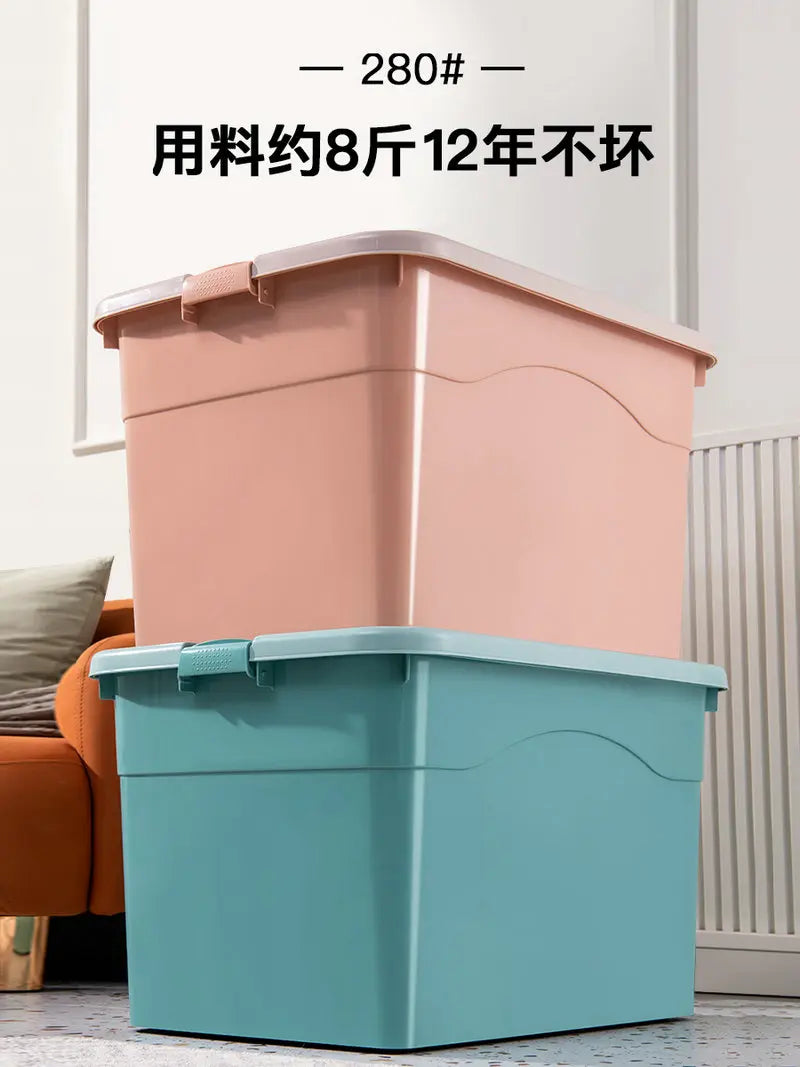 Boîte de rangement plastique rose avec couvercle et roulettes, capacité 80 litres