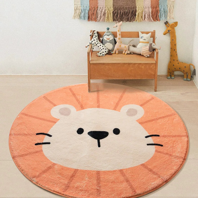 Tapis de sol rond et moelleux avec l'image d'un tigre mignon, entouré de jouets en peluche dans une chambre d'enfant chaleureuse et aménagée avec soin.