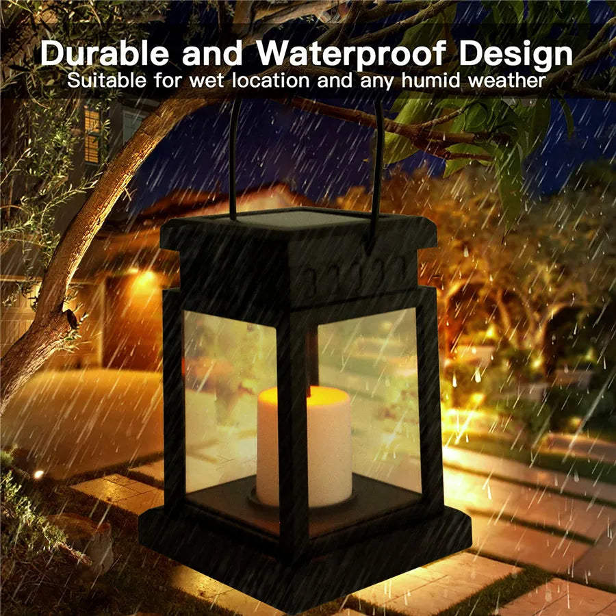 Lanterne solaire de jardin en action, lumière LED chaleureuse