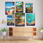 L'image présente une collection d'affiches de style rétro mettant en scène des paysages et des lieux emblématiques de l'île de Maui, à Hawaï, tels que Napili Bay, Paia, Temecula, Grand Wailea et Molokini Crater, créant une atmosphère de vacances tropicales.