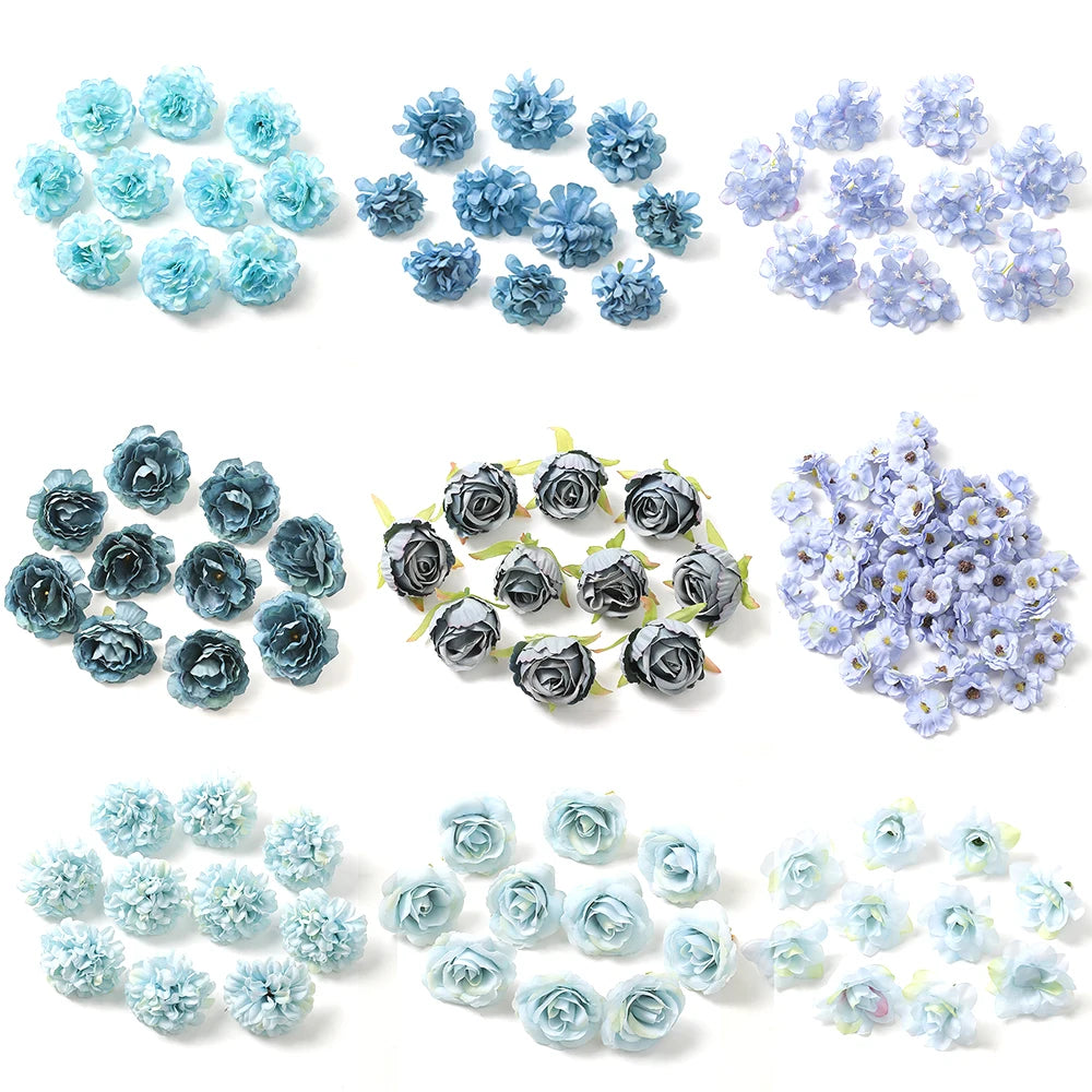 Lot de 10 têtes de fleurs artificielles bleues en soie