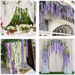 Détail des fleurs de glycine en soie avec feuilles vertes réalistes