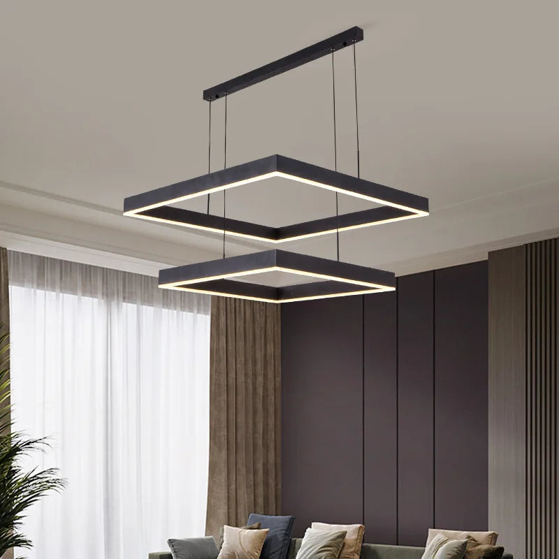 Suspension LED dans un salon moderne avec éclairage blanc chaud