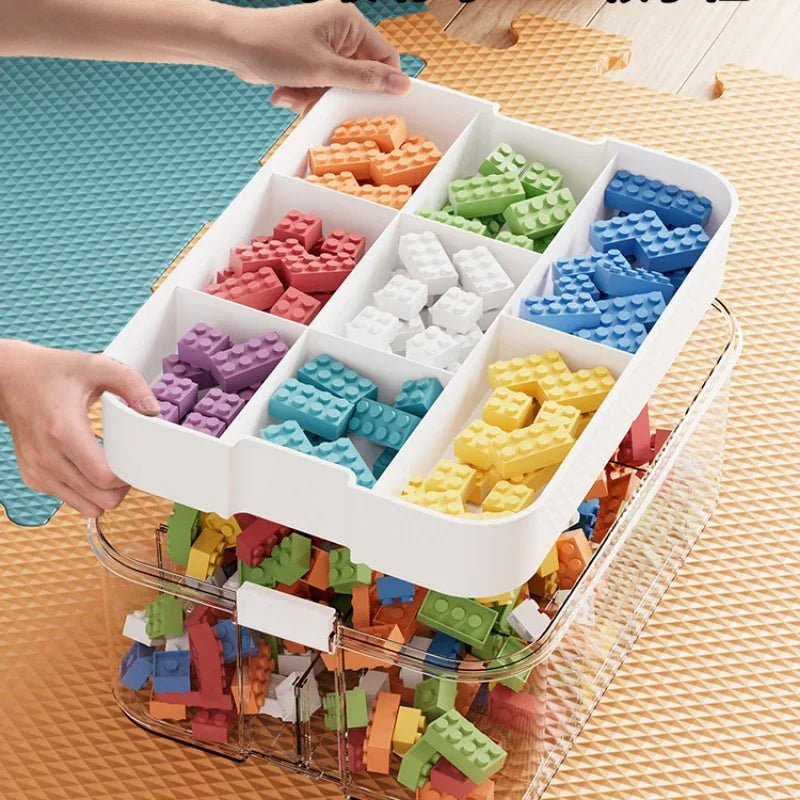 Boîte de rangement Lego ouverte montrant les compartiments personnalisables
