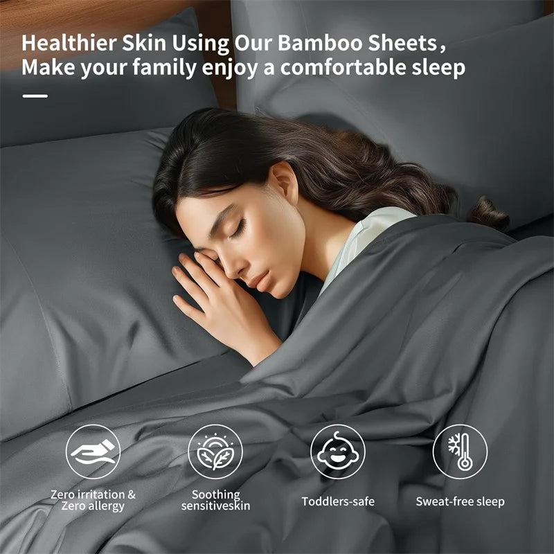 Literie bambou bleu avec drap plat et taies