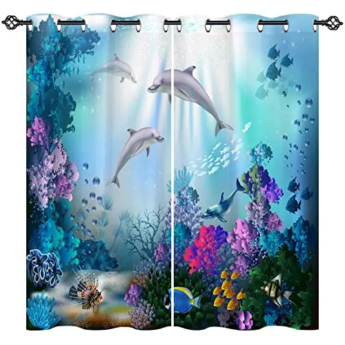 Rideau de douche marine avec imprimé de poissons bleus et récif de corail, illustrant la beauté de la biologie marine sous-marine. Ce rideau de douche unique apporte une touche de couleur et de nature à votre salle de bains. Idéal pour les amateurs de vie marine et de décoration d'intérieur.