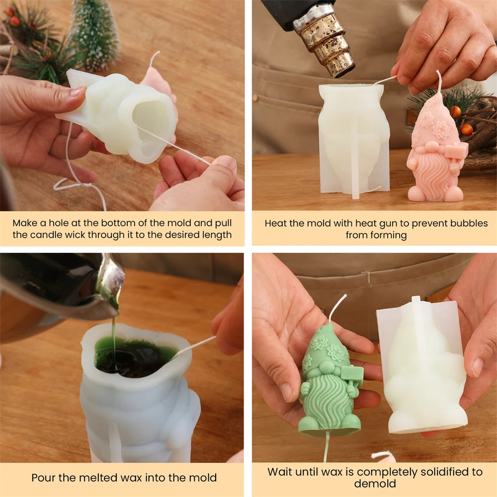 Moule en silicone pour bougies lutins de Noël, couleur gris clair, détail de la texture anti-adhérente