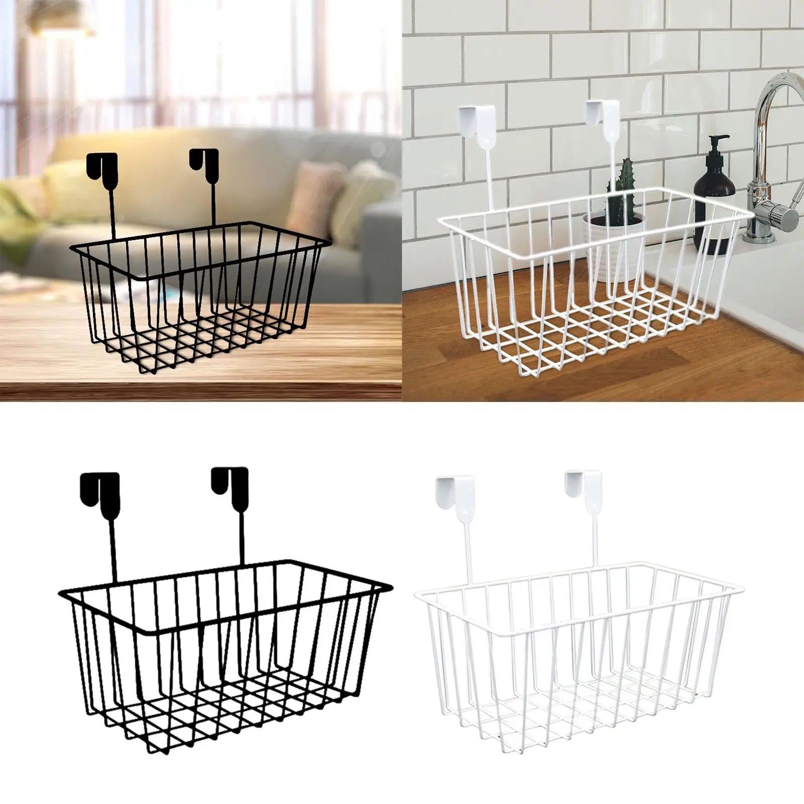 Panier métallique rangement blanc accroché à une porte d'armoire