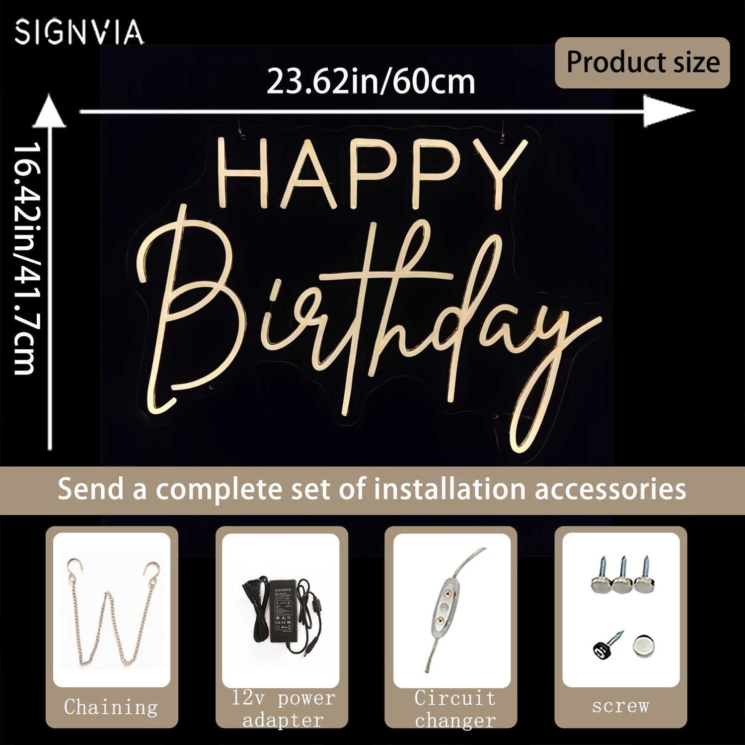 Enseigne néon LED Joyeux Anniversaire 60 cm blanc froid