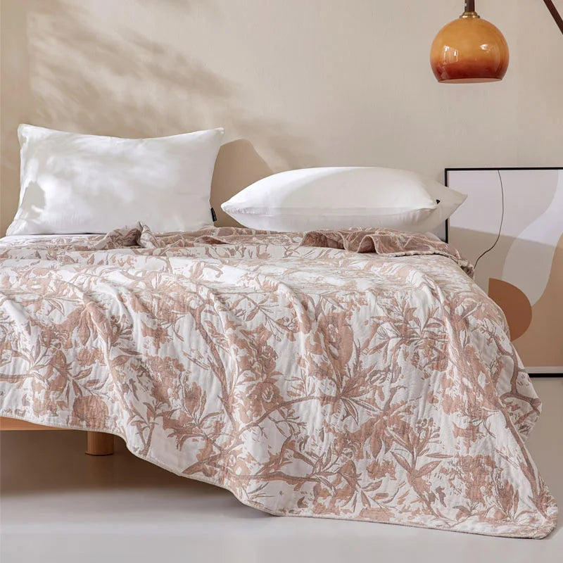 Couvre-lit gaze coton motif feuilles