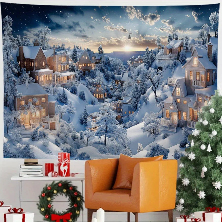 Tapisserie murale Noël accrochée dans un salon décoré pour les fêtes
