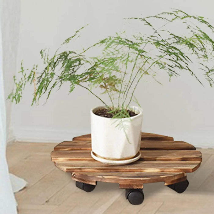 Support plante à roulette en bois vue d'ensemble