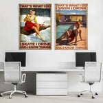 Deux affiches vintage avec des messages humoristiques sur les activités hivernales et les loisirs aquatiques.