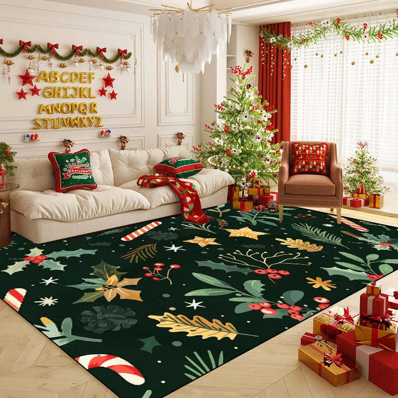 Salon décoré pour Noël avec un grand sapin illuminé, des guirlandes, des rubans rouges et des cadeaux emballés, créant une ambiance festive et chaleureuse.