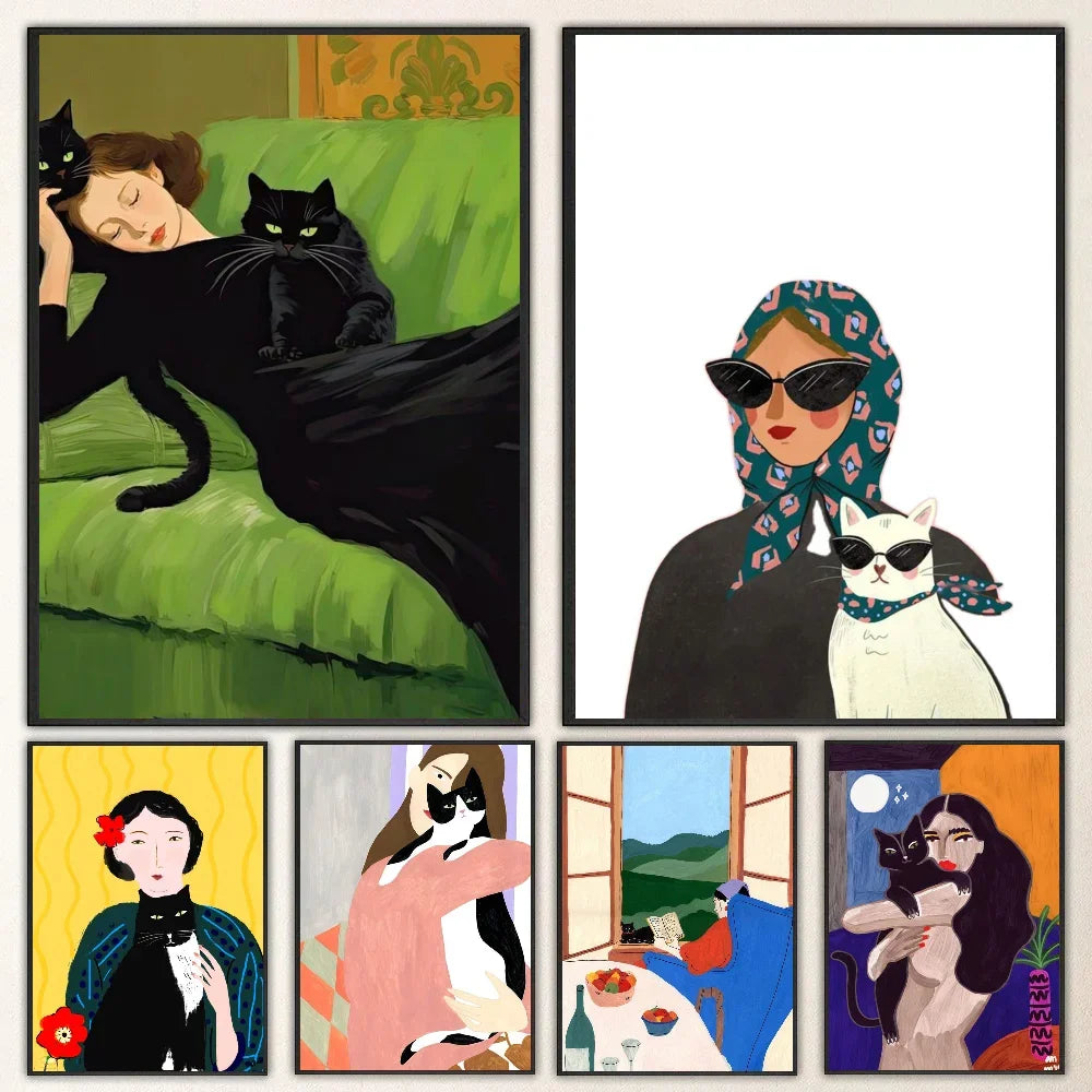 Affiche abstraite autocollante femme oiseau chat