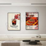 Dans cette image publicitaire, on peut voir deux affiches présentant des plats de soupe et un repas tout-en-un. L'affiche de gauche montre un verre de boisson sur des glaçons avec le slogan "Soup on the rocks", tandis que l'affiche de droite met en valeur un plat de viande roulée fourré et accompagné d'un repas complet.