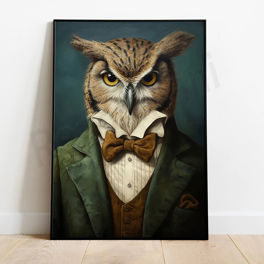 Une chouette élégamment vêtue d'un costume et d'un nœud papillon, affichant un regard sévère.